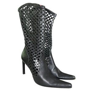 Luzzi Leather Mid Calf Pointed Toe Boots‎ Black IT 37 US 6.5 Western Y2K Italy